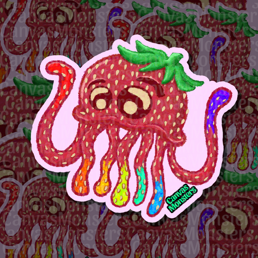 A die-cut sticker featuring a cute, cartoon strawberry jellyfish monster with colorful tentacles, shown against a patterned background. The sticker has a pink border and a green 'Canvas Monsters' logo in the bottom right corner.