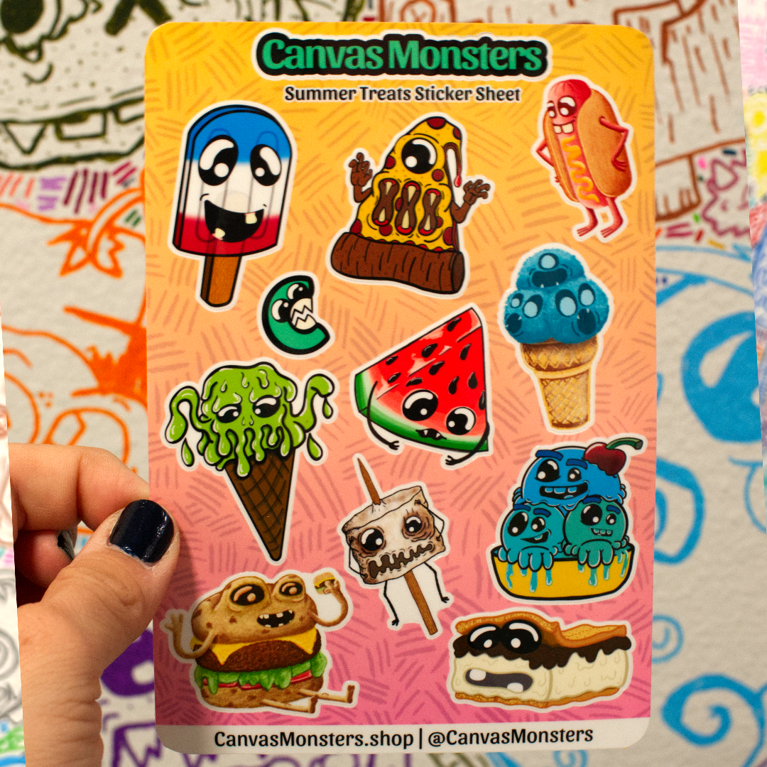 A hand with dark blue nail polish holds a 'Canvas Monsters Summer Treats Sticker Sheet' featuring various cute, cartoonish treats like popsicles, ice cream, watermelon, and burgers. The background is a colorful, patterned surface.