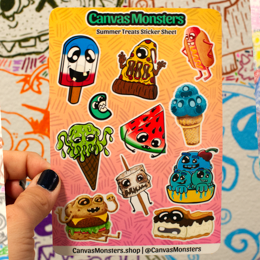 A hand with dark blue nail polish holds a 'Canvas Monsters Summer Treats Sticker Sheet' featuring various cute, cartoonish treats like popsicles, ice cream, watermelon, and burgers. The background is a colorful, patterned surface.