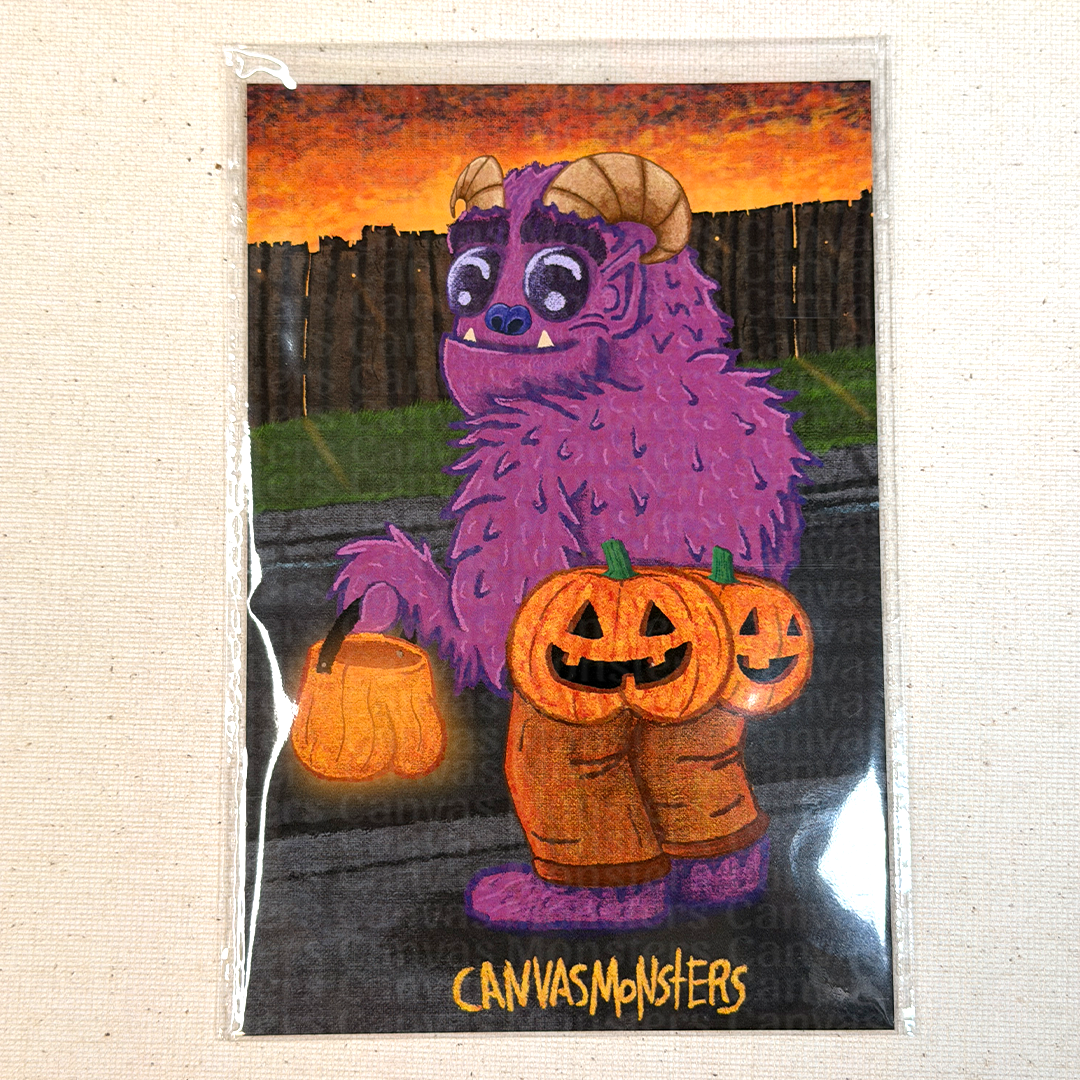 Halloween-themed art print with a purple monster holding pumpkins, on a textured beige background.