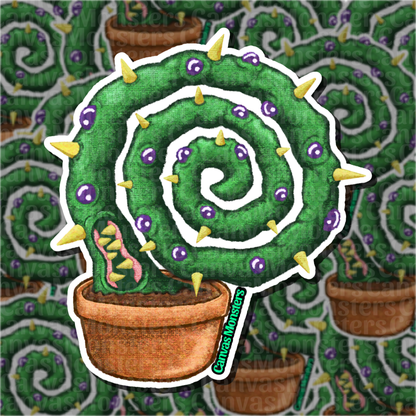 Sticker of a green spiral plant monsters with purple eyes and yellow spikes on a patterned background.
