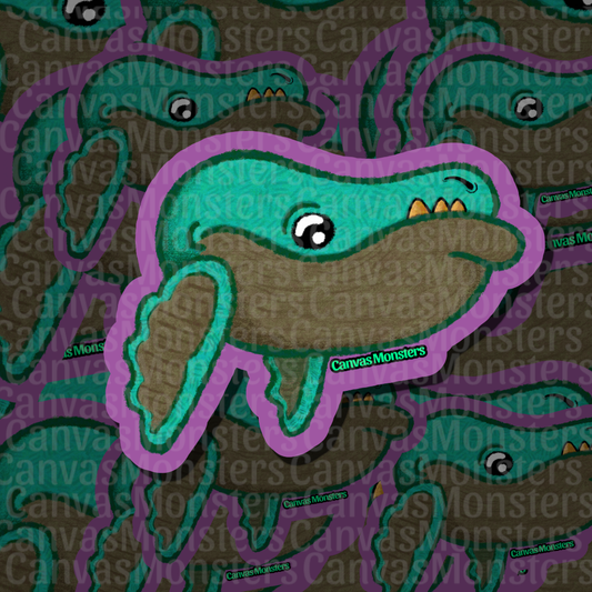 A die-cut sticker featuring a cartoon whale-like monster with a purple outline, teal body, and brown mouth, shown on a repeating patterned background with visible CanvasMonsters watermark text.