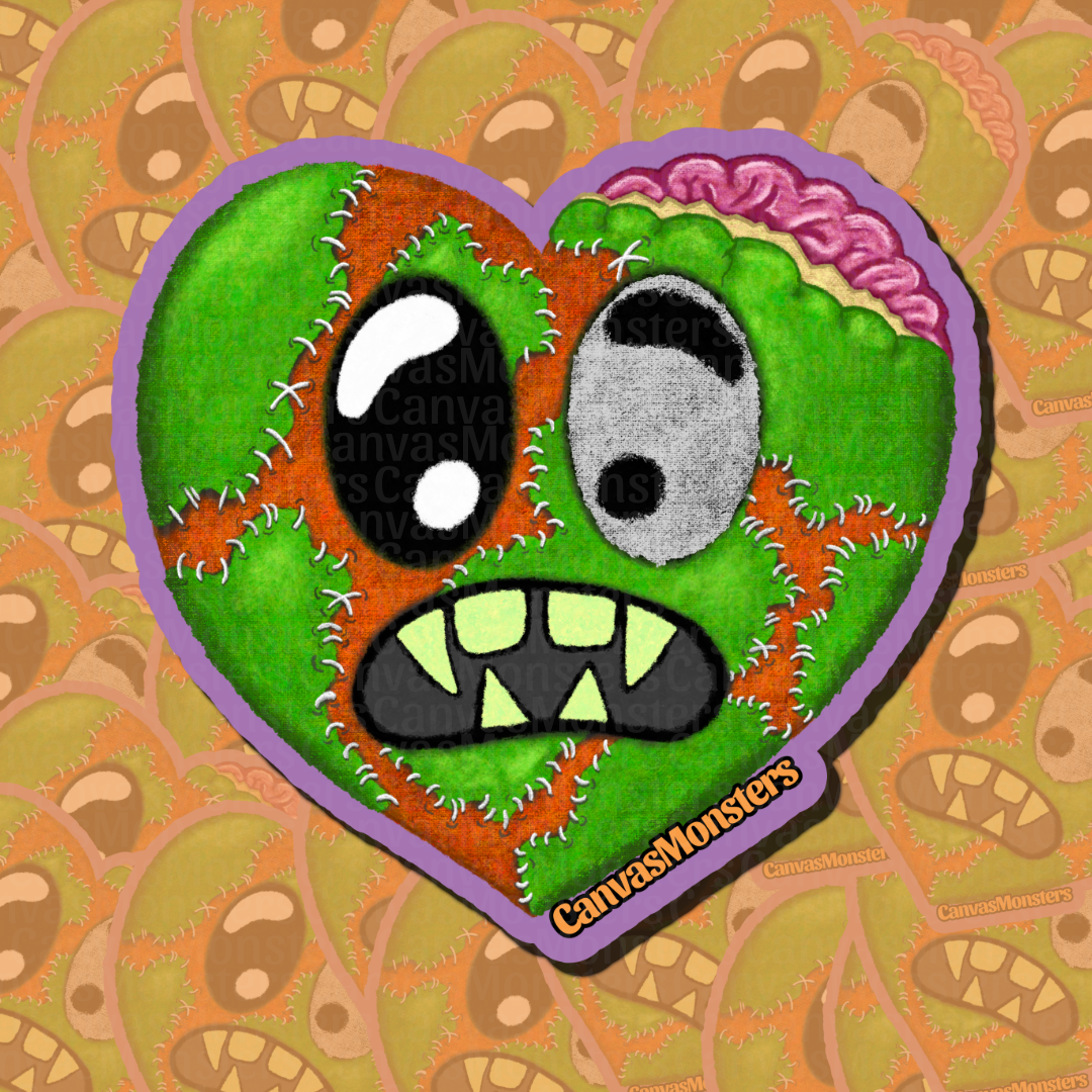 A heart-shaped monster face sticker or patch with a stitched look, featuring green and orange sections, one black eye with a white highlight, a gray eye with a black pupil, a pink brain area, and a purple border. The sticker is shown against a repeating patterned background with the text 'CanvasMonsters' visible on the sticker.