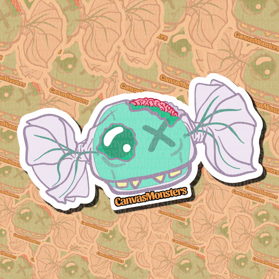 A die-cut sticker featuring a cartoon zombie candy design, shown on a patterned beige background. The sticker depicts a green zombie head with a bloody wound, a black 'X' for an eye, white candy wrappers on the sides, and a 'CanvasMonsters' label at the bottom.
