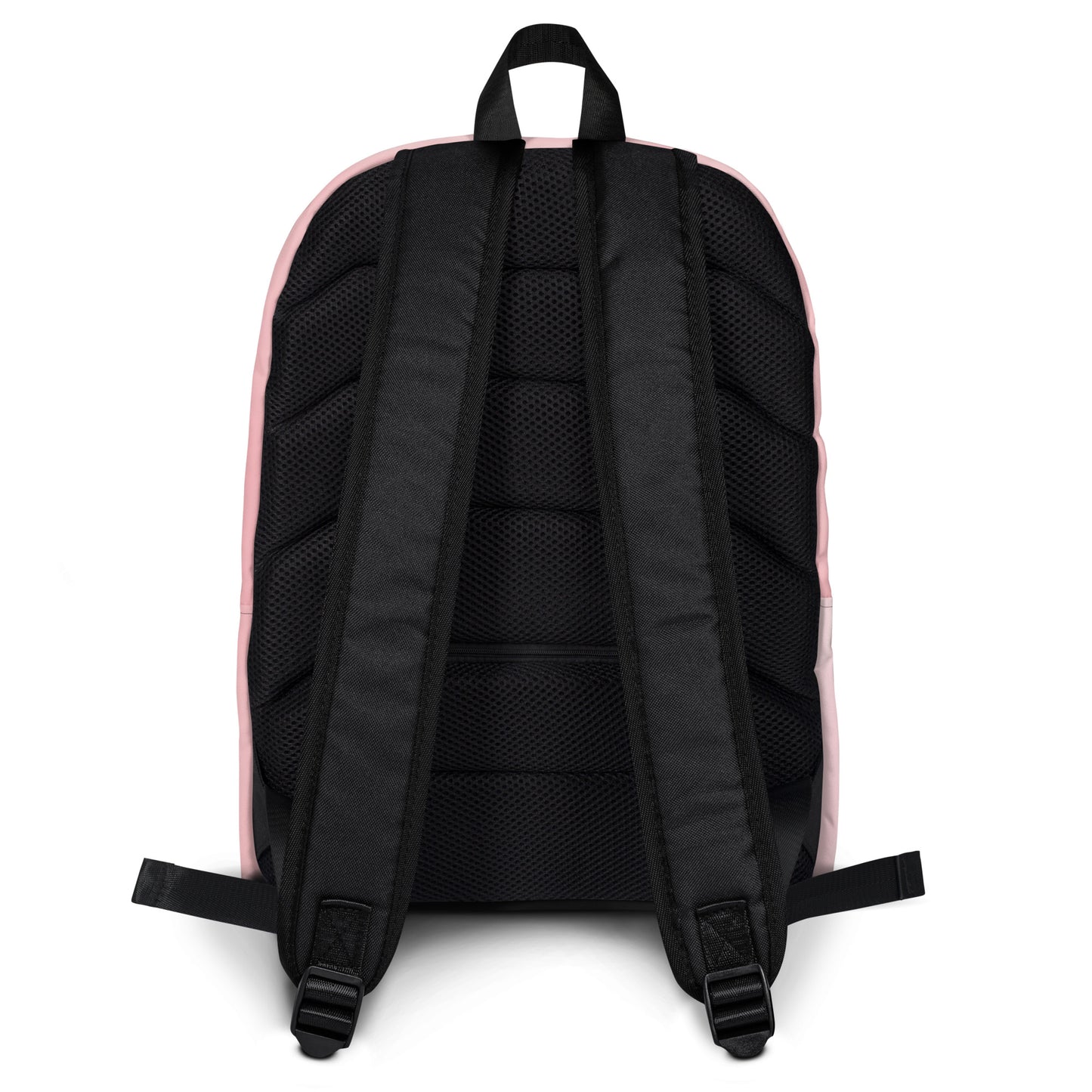 Backpack shown from the back on a white background. Back of the backpack is black with padded shoulder straps.