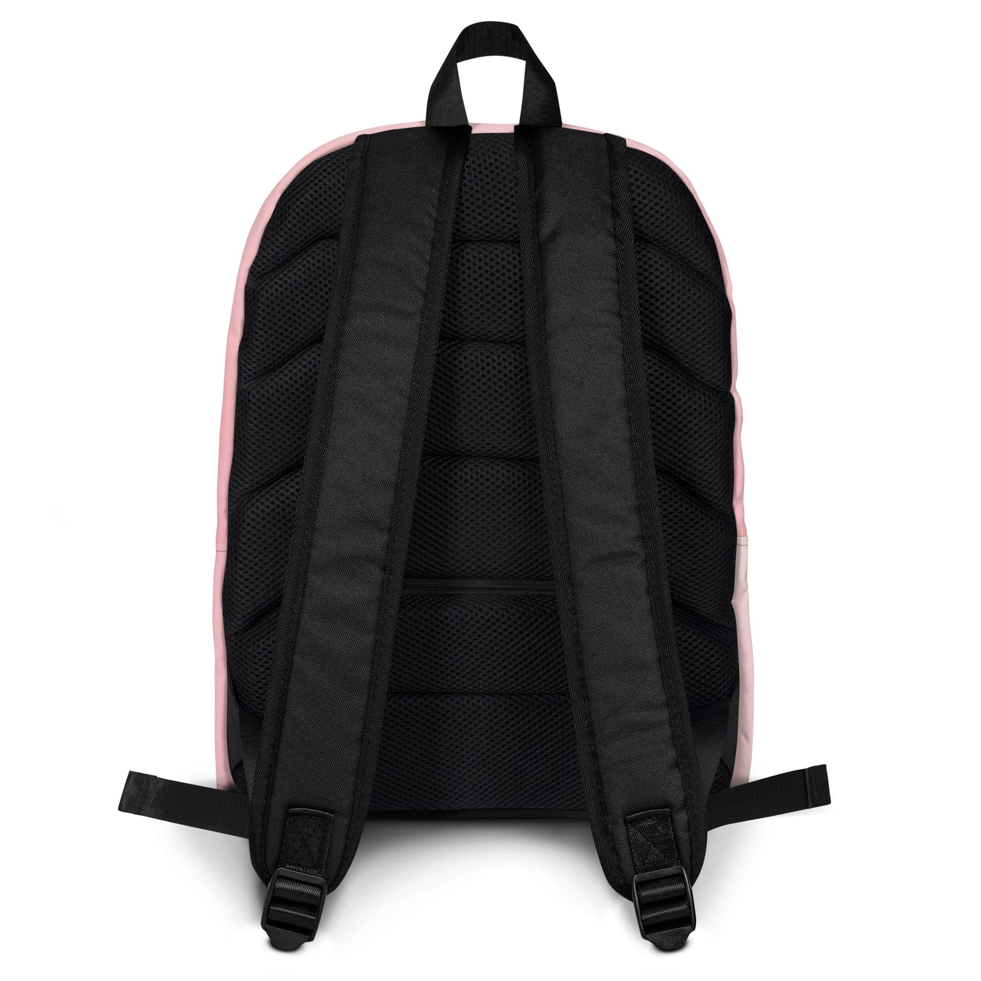 Backpack shown from the back on a white background. Back of the backpack is black with padded shoulder straps.