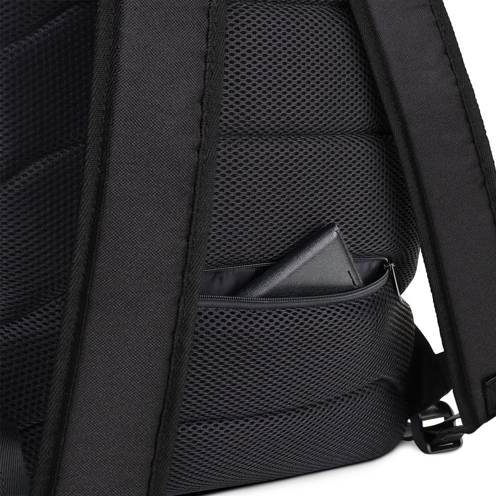Close-up of a black backpack with a pocket on a white background