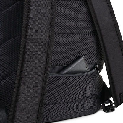 Close-up of a black backpack with a pocket on a white background