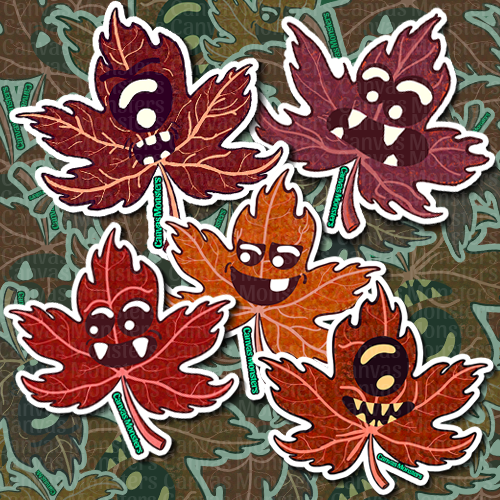 Five leaf-shaped Red maple leaf monster stickers with white outline on a patterned background