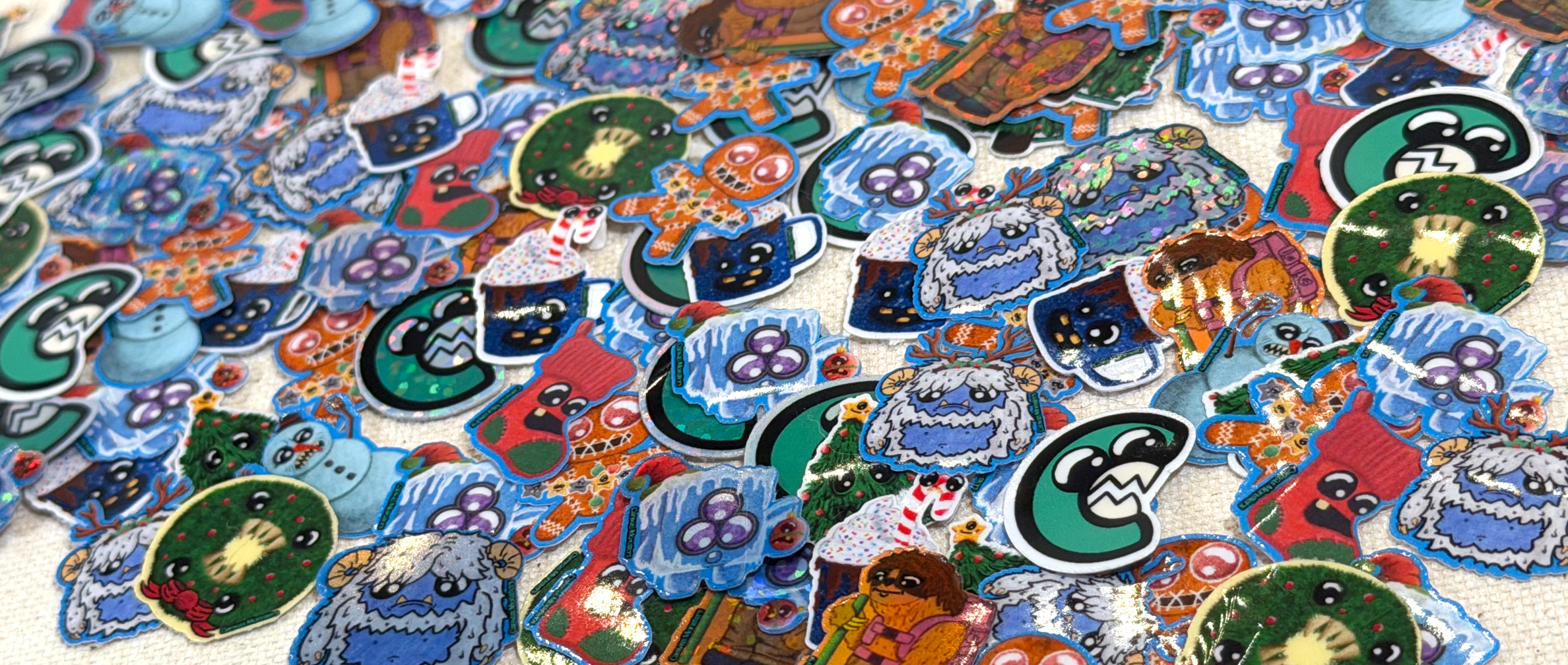 Collection of colorful stickers with various designs on a white background