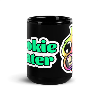Black mug with colorful 'Dookie Water' design on a white background