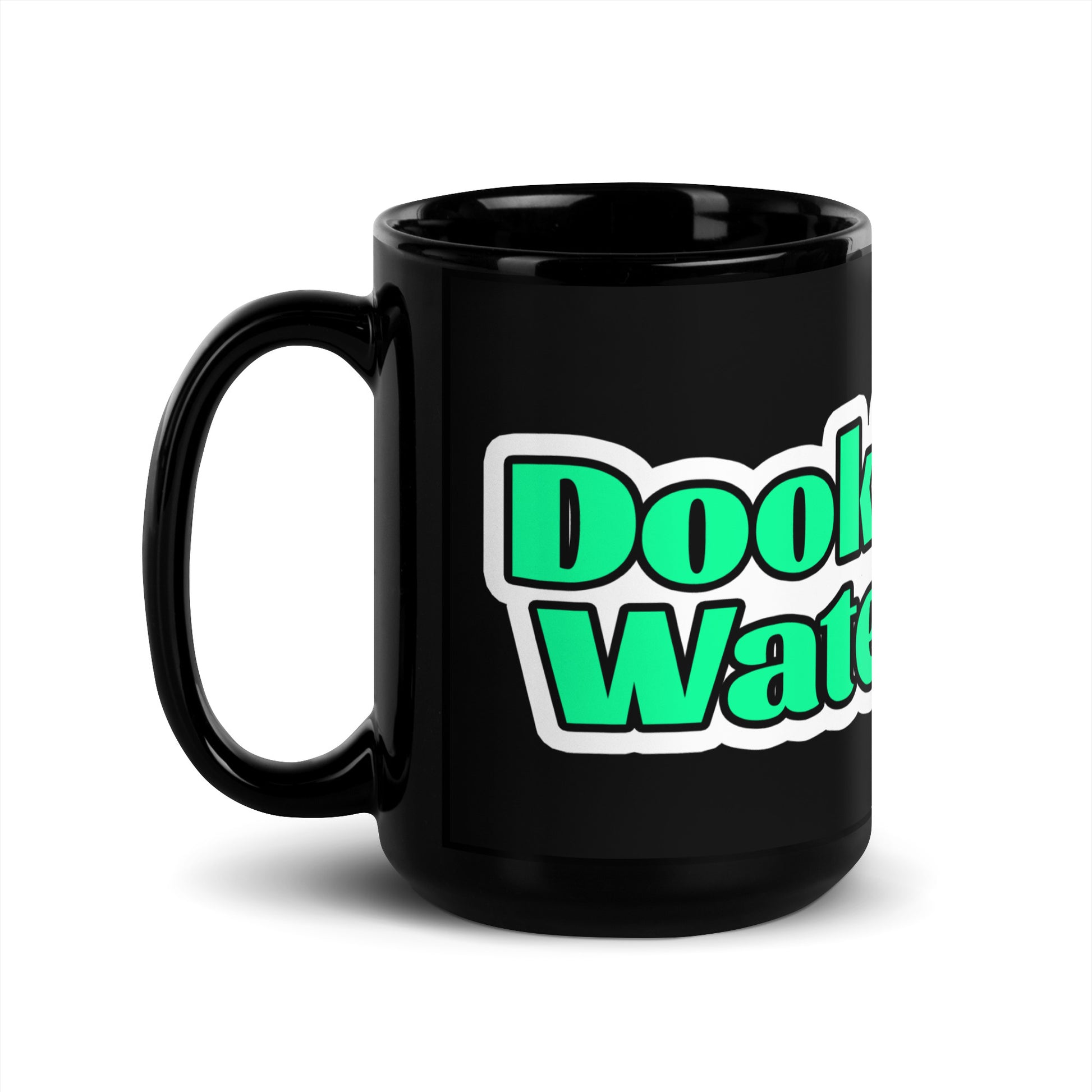 Black mug with 'Dookie Water' text in green and white on a white background