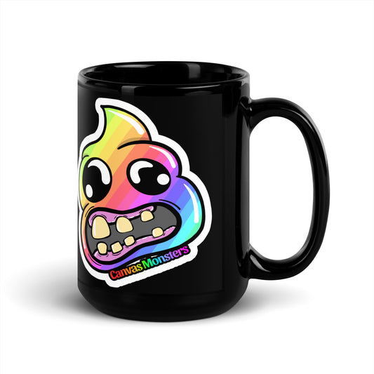 Black mug with a colorful monster design on a white background