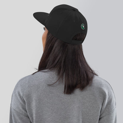 Person wearing a black cap with a logo on the back against a plain background