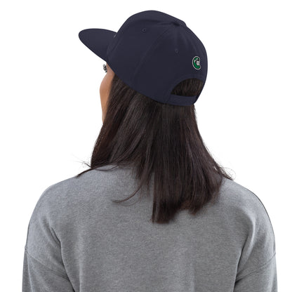 Person wearing a navy blue cap with a logo on the back, on a white background