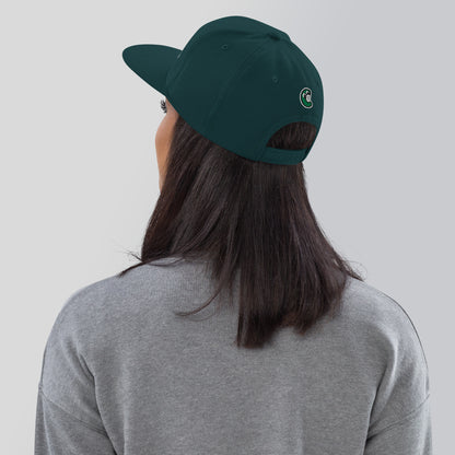 Person wearing a green cap with a logo on the back against a plain background