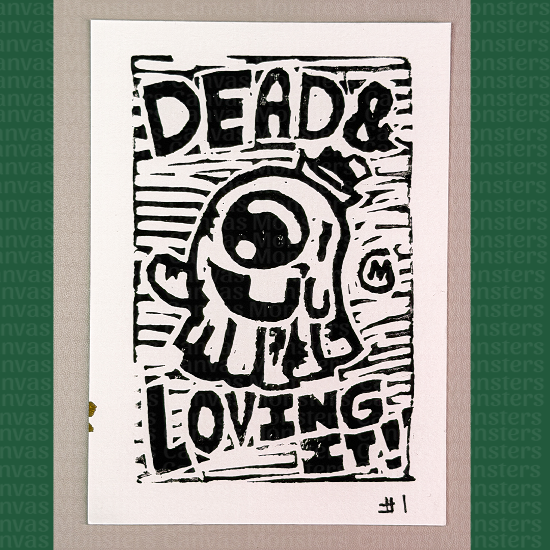 Black and white graphic with text 'DEAD & COULDFULLY LOVING IT' on a textured background.