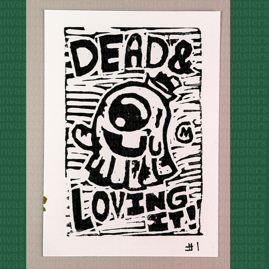 Black and white graphic with text 'DEAD & COULDFULLY LOVING IT' on a textured background.