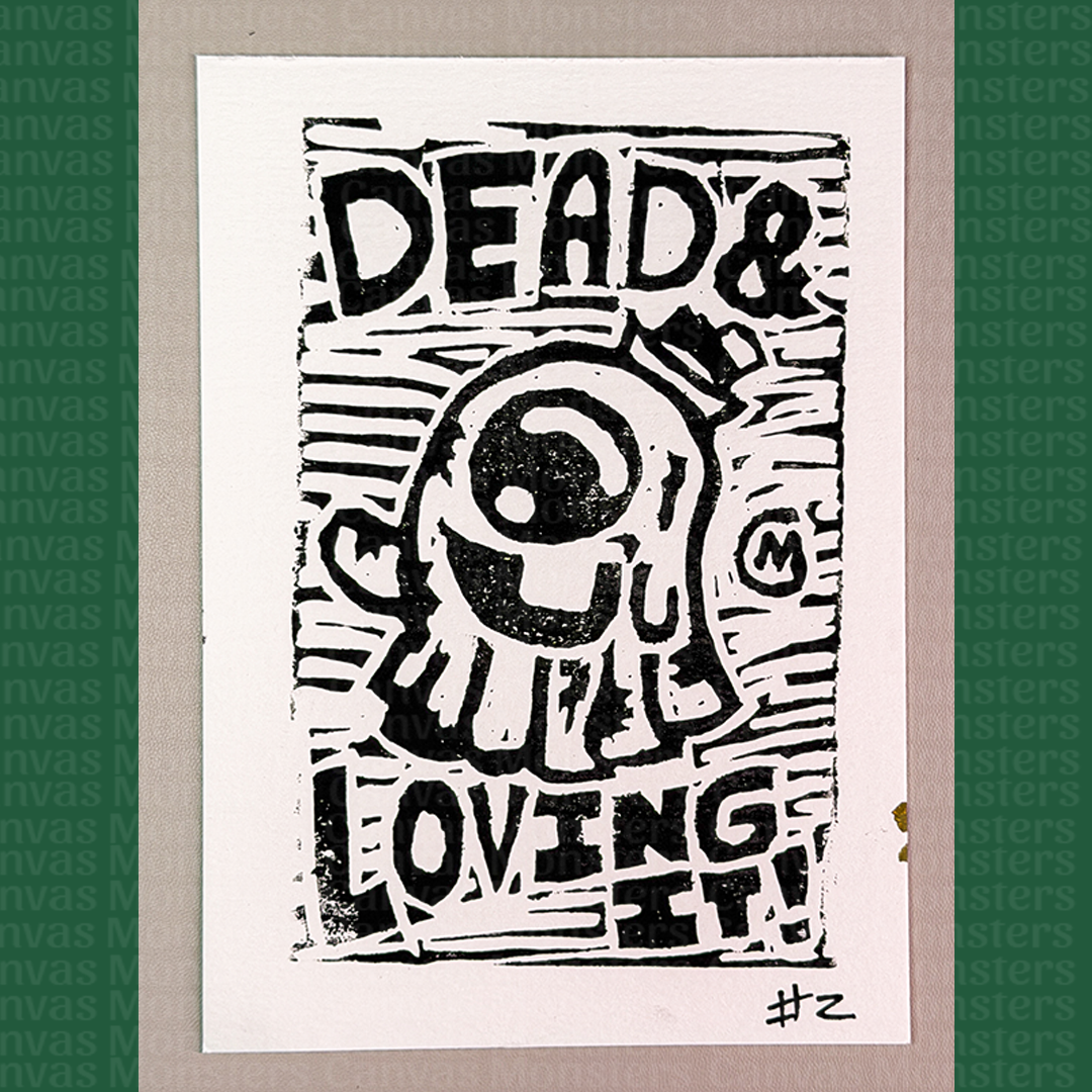 Black and white graphic with text 'DEAD & LOVING IT!' on a textured background