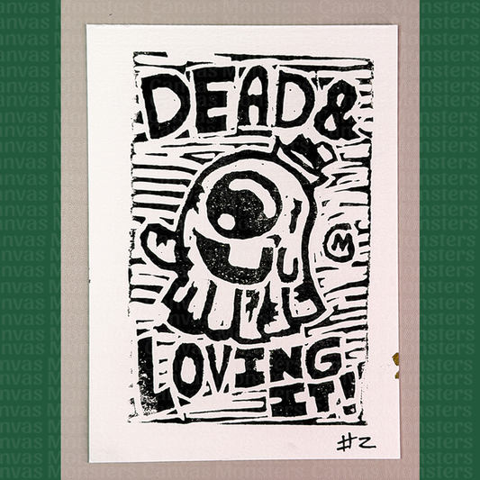 Black and white graphic with text 'DEAD & LOVING IT!' on a textured background