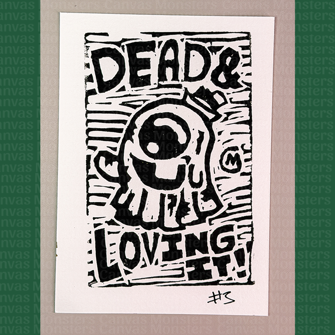 Black and white graphic with text 'DEAD & LOVING IT!' on a beige background