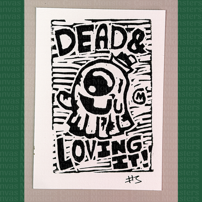 Black and white graphic with text 'DEAD & LOVING IT!' on a beige background