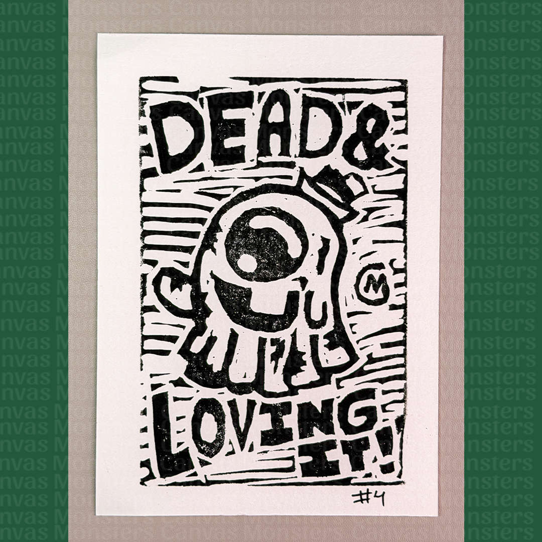 Black and white graphic with text 'DEAD & LOVING IT' on a textured background