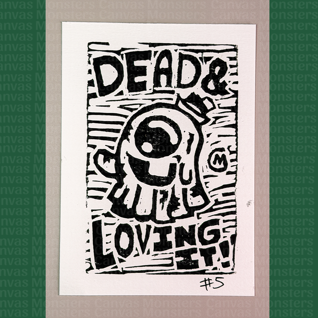 Black and white graphic with text 'DEAD & COUPLED UP LOVING IT!' on a textured background.
