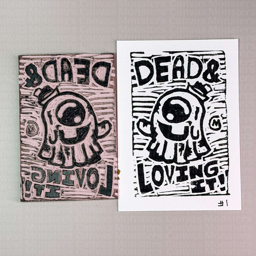 Two prints of a black and white illustration with text on a gray background