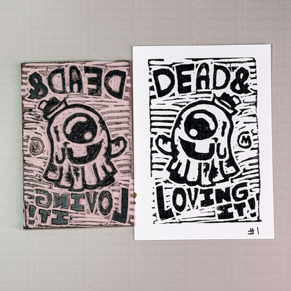 Two prints of a black and white illustration with text on a gray background