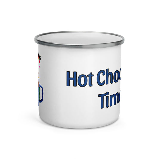 White camper mug with 'Hot Chocolate Time' text on a white background