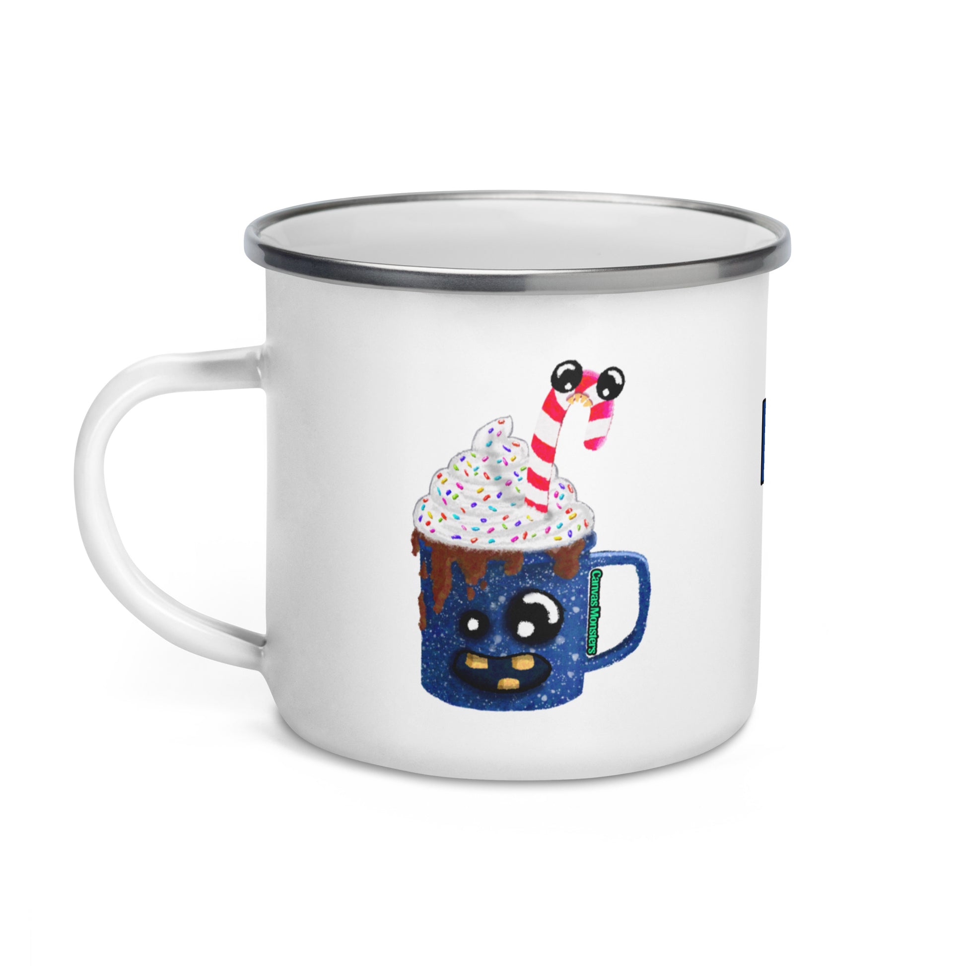 Mug with a design of a hot chocolate cup with whipped cream and a candy cane, on a white background.