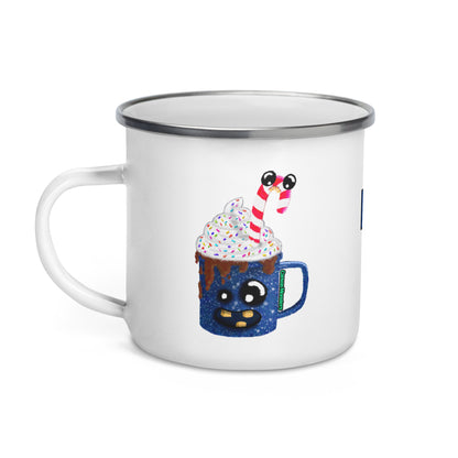 Mug with a design of a hot chocolate cup with whipped cream and a candy cane, on a white background.