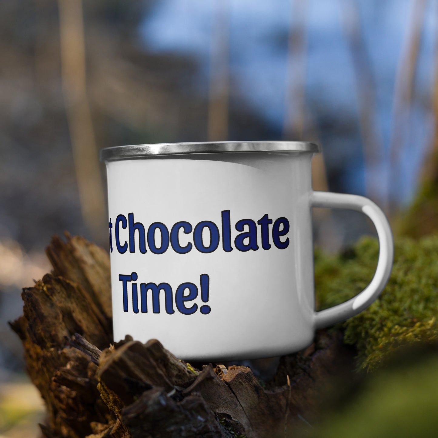Mug with 'Hot Chocolate Time!' text on a natural background