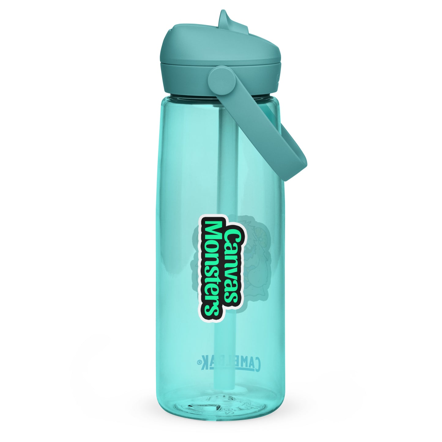 Turquoise water bottle with a handle and 'Canvas Monsters' logo on a white background