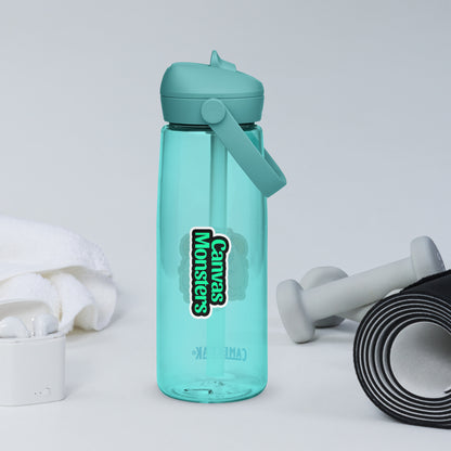 Turquoise water bottle with 'Monsters' logo on a light gray background
