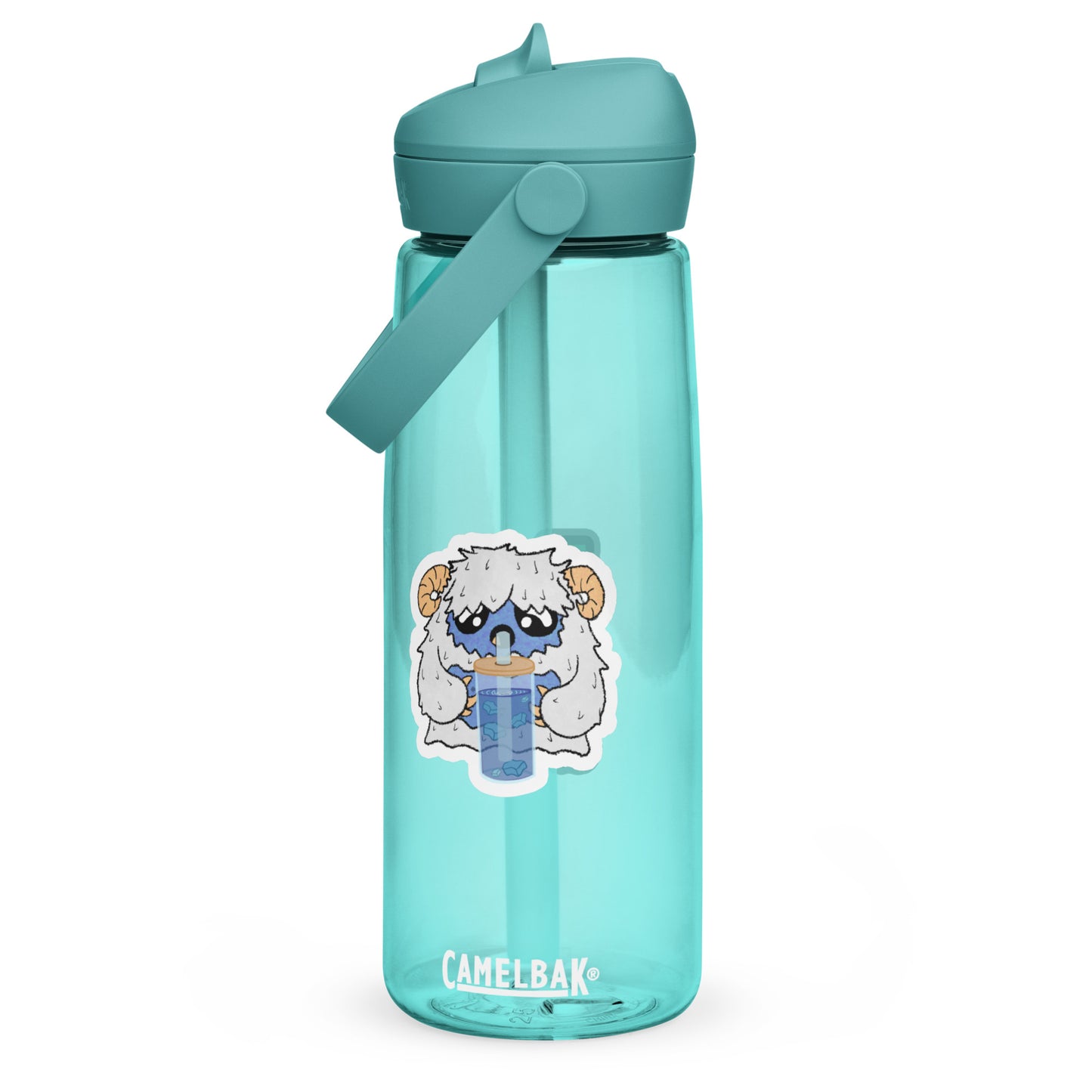 Turquoise water bottle with a cartoon character sticker on a white background