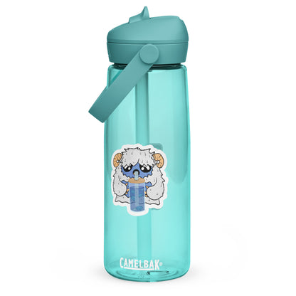 Turquoise water bottle with a cartoon character sticker on a white background