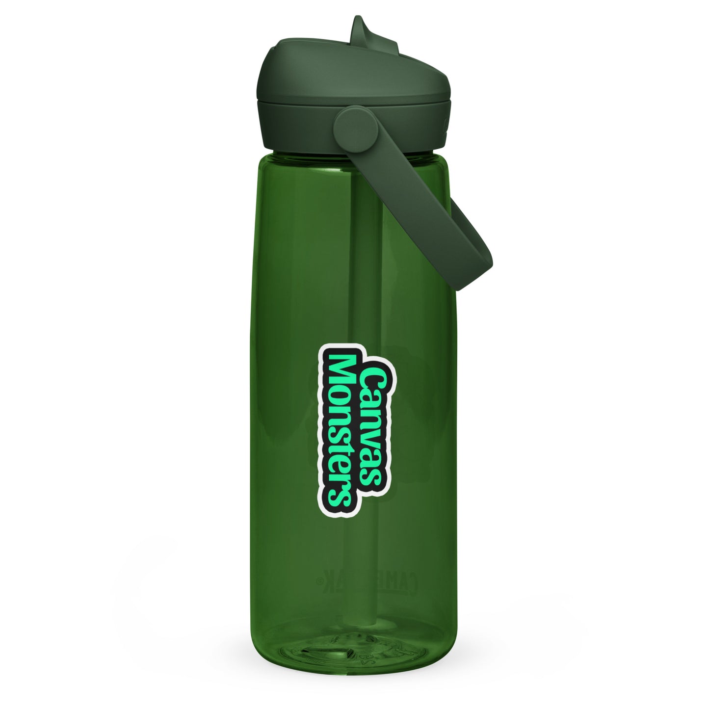 Green water bottle with a straw lid on a white background