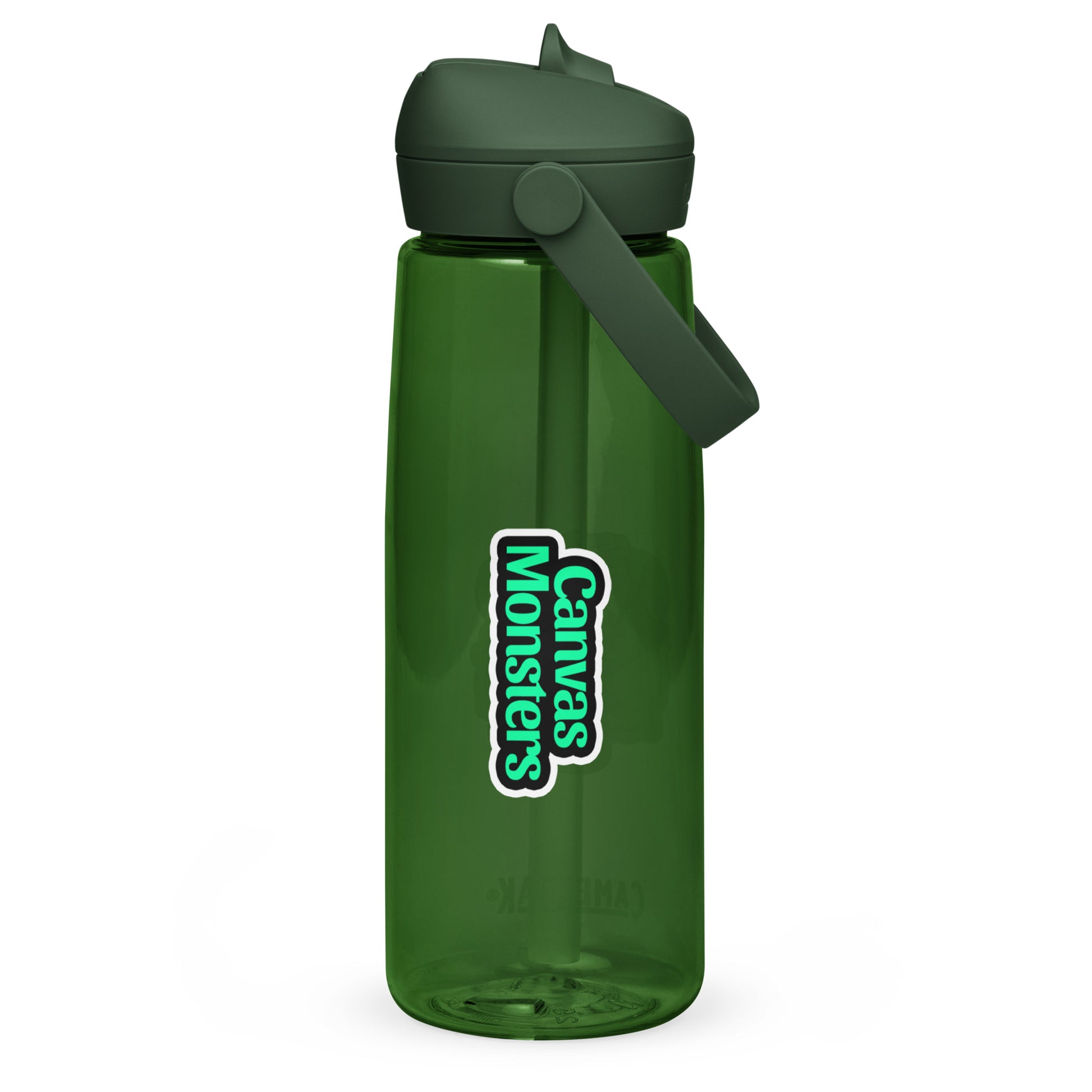 Green water bottle with a straw lid on a white background