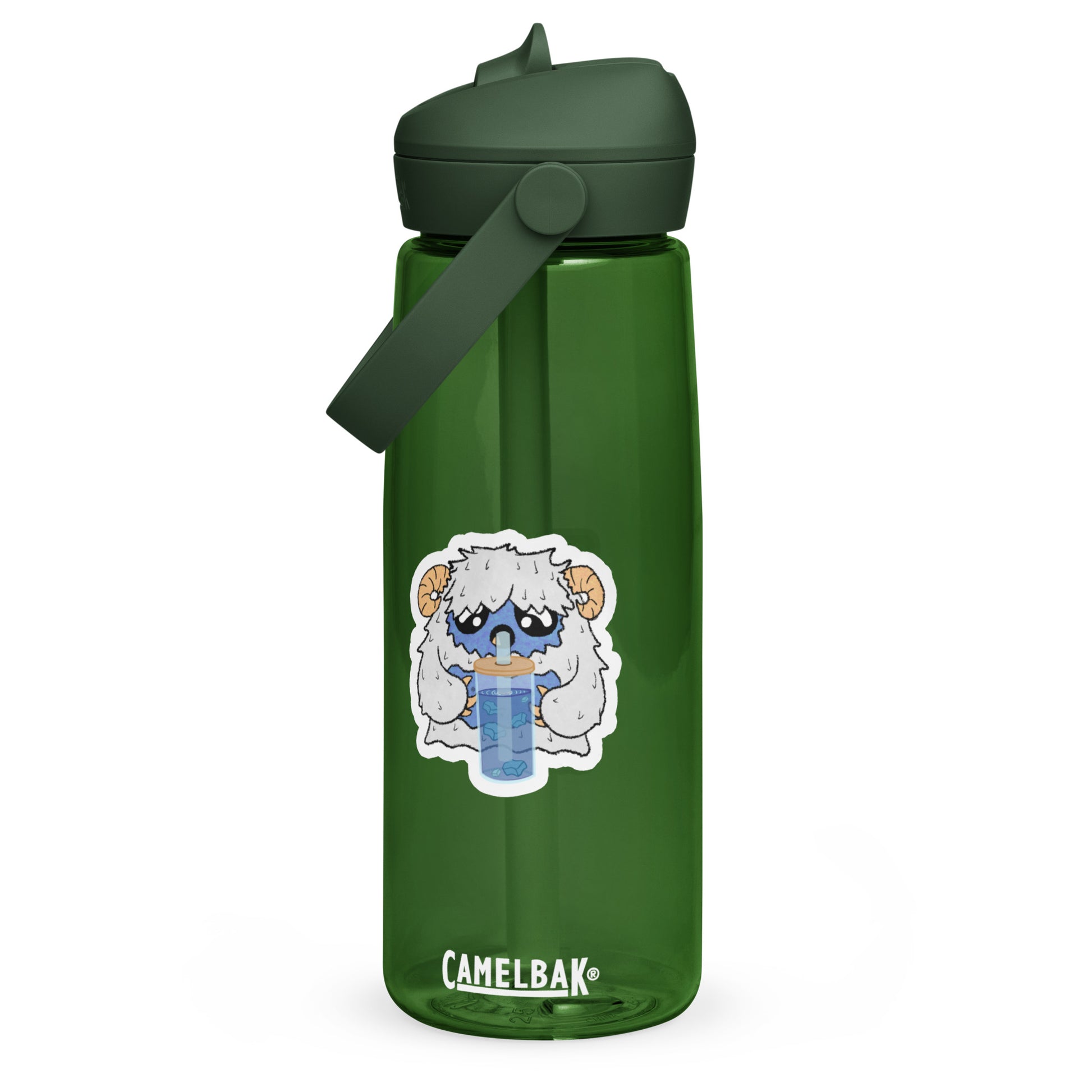 Green CamelBak water bottle with a cartoon character sticker on a white background