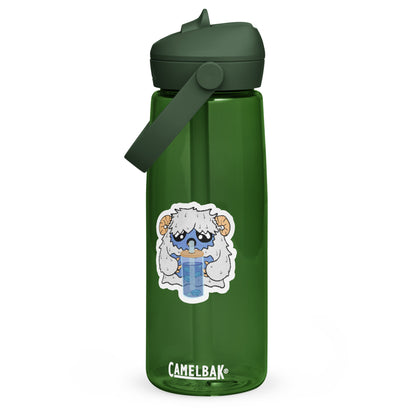 Green CamelBak water bottle with a cartoon character sticker on a white background