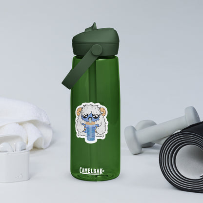 Green CamelBak water bottle with a cartoon character sticker on a white background