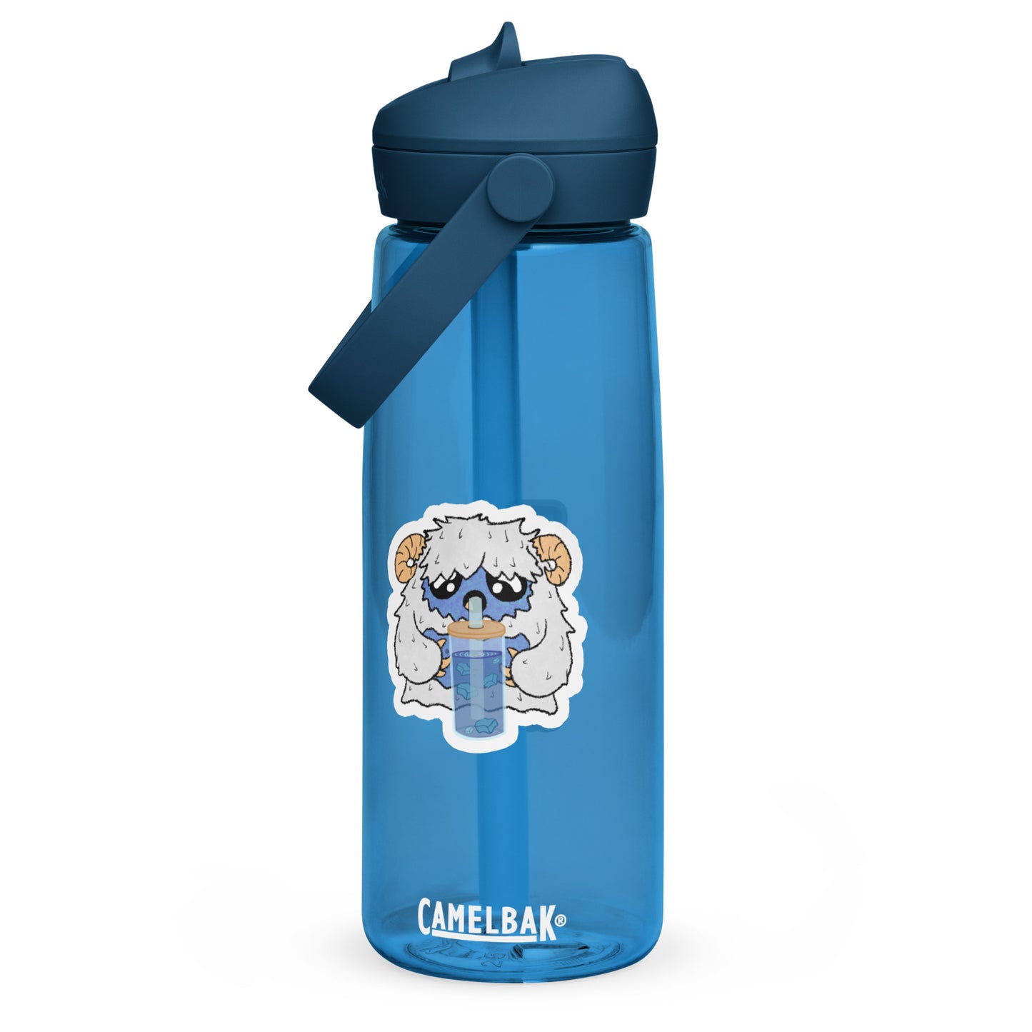 Blue CamelBak water bottle with a cartoon character sticker on a white background
