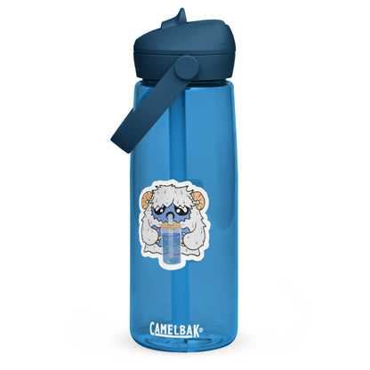 Blue CamelBak water bottle with a cartoon character sticker on a white background
