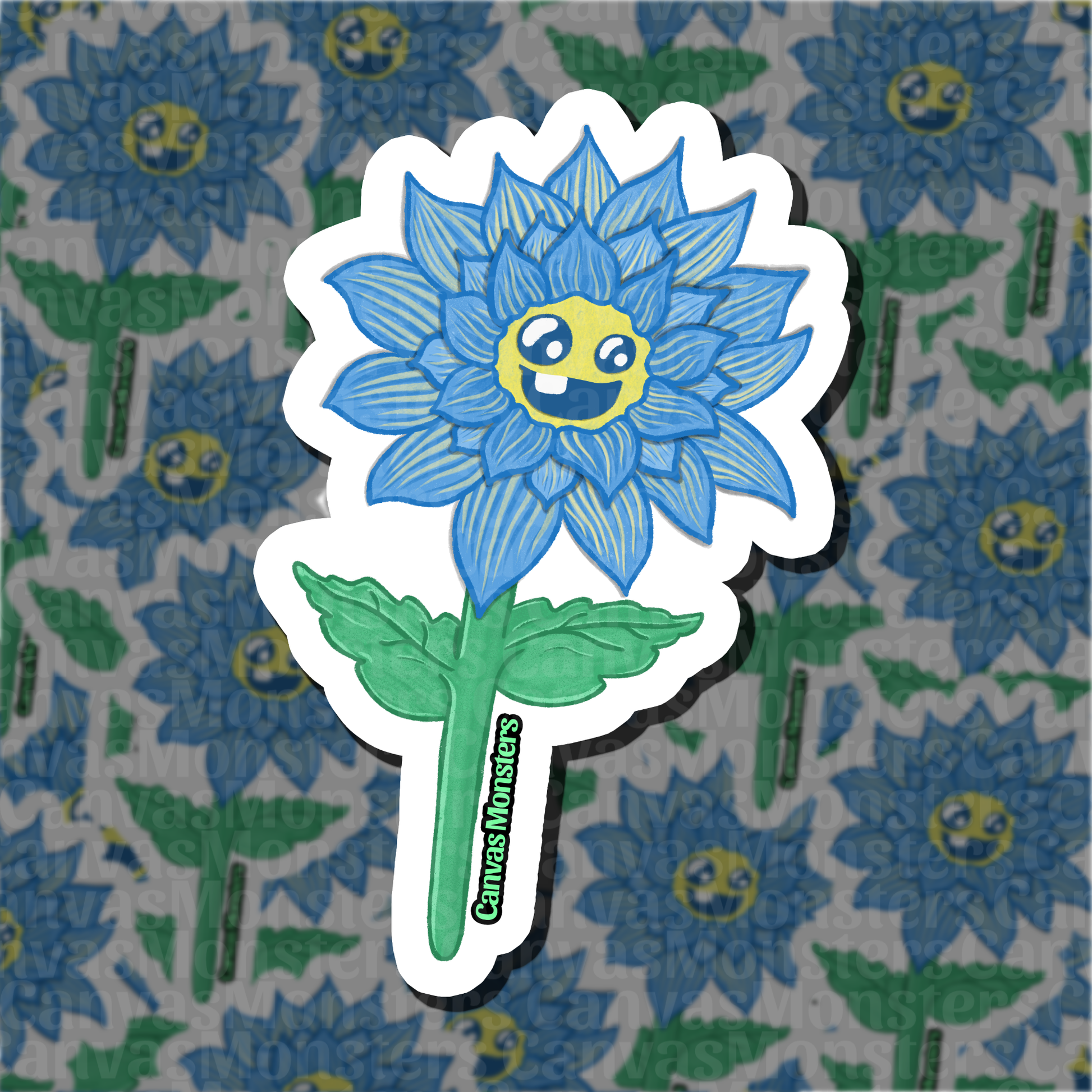 Blue flower sticker with a smiling face on a floral patterned background