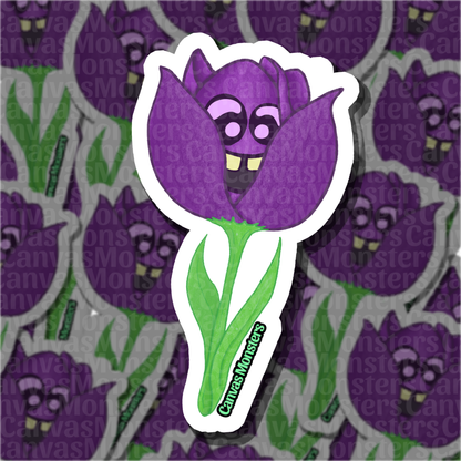 Purple flower with a face on a patterned background