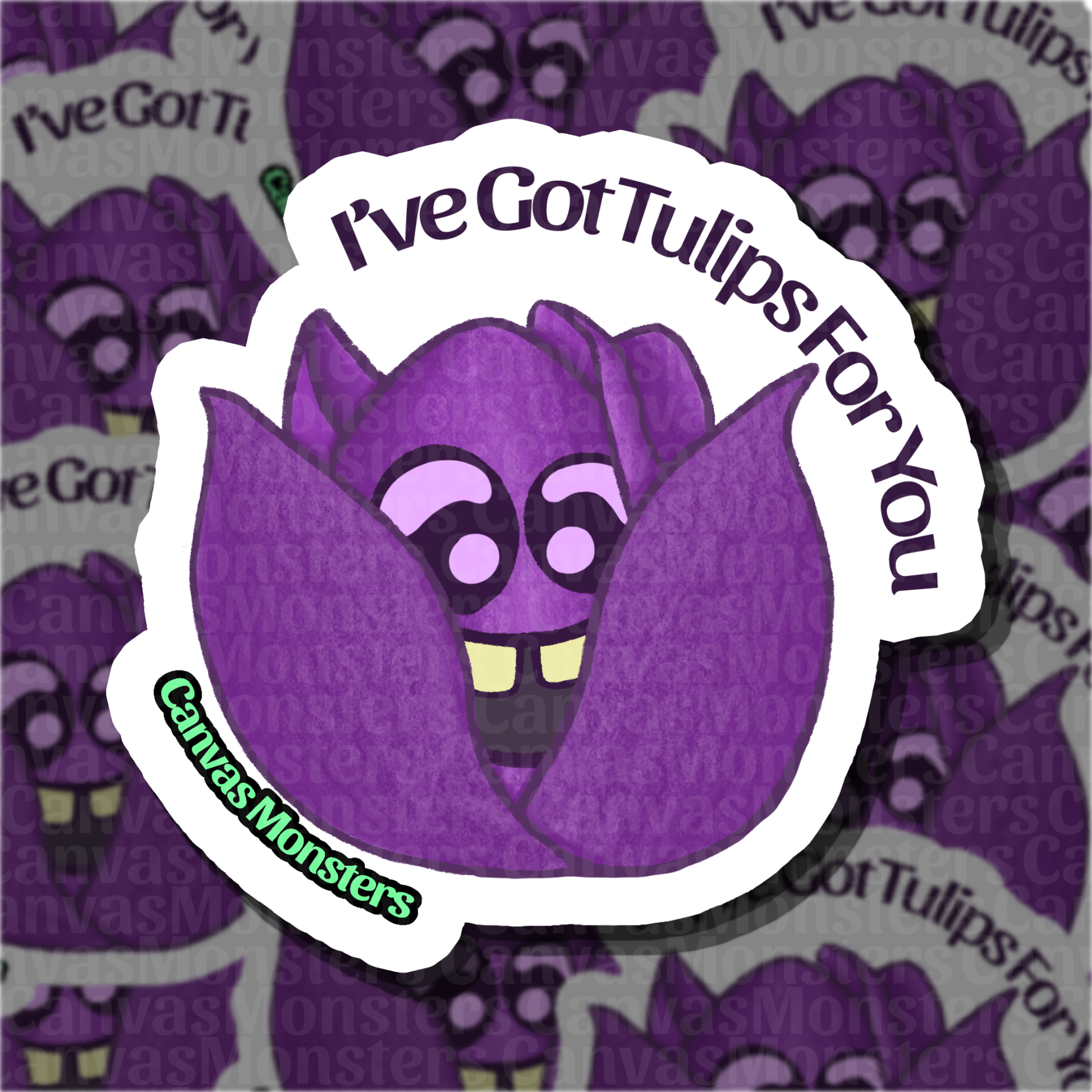 Purple tulip-shaped sticker with 'I've Got Tulips For You' text on a patterned background.