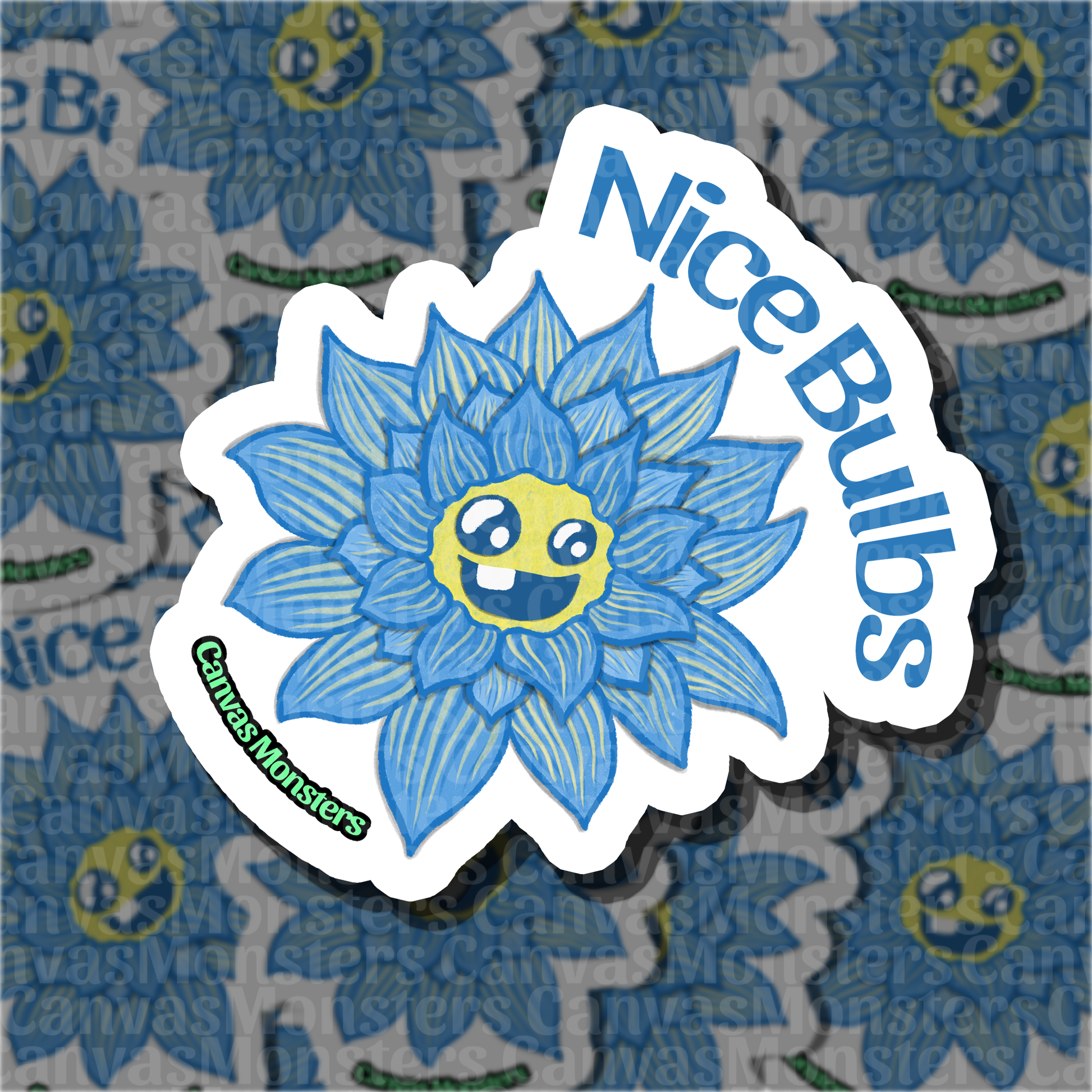 Sticker with a blue flower character and 'Nice Bulbs' text on a patterned background