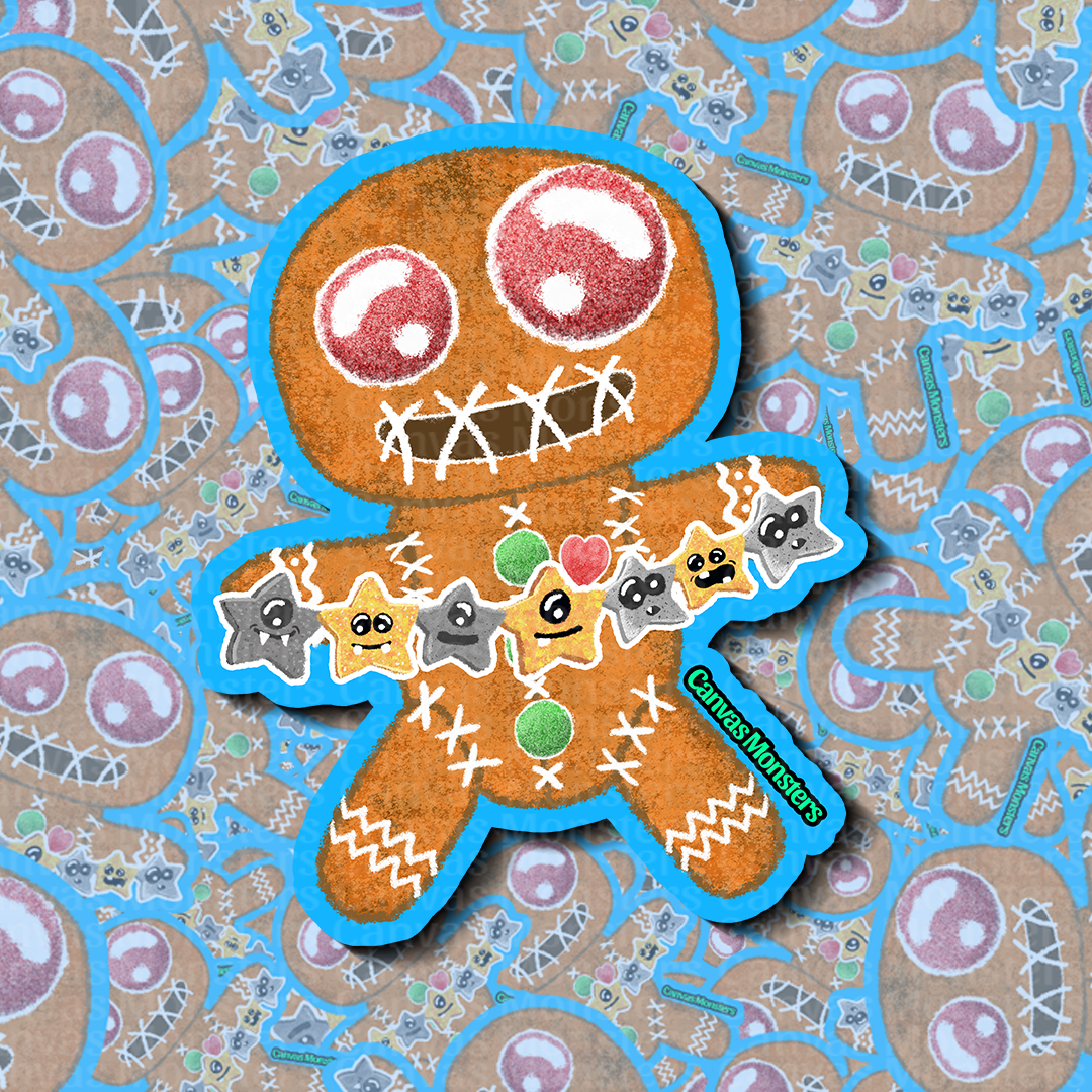 Gingerbread man-shaped cookie holding colorful star decorations on a patterned background